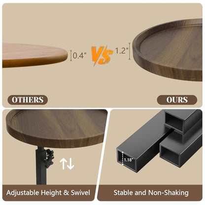 C Table End Table Adjustable Height, Couch Tables That slide under for Small Spaces, 360°Swivel TV Tray Table, C Shaped Side Tables Living Room and Bedroom for Sofa, Bed, Chair, Snack (Walnut Brown) - color: Walnut Brown