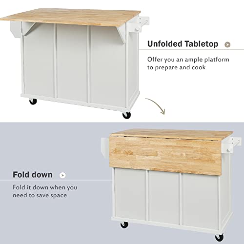 Kitchen Island, Rolling Kitchen Cart with Drop Leaf Top | Drop leaf countertop expands prep and serving space, folds down to save room in compact kitchens or dining areas - color: White + Mdf + Rubber Wood