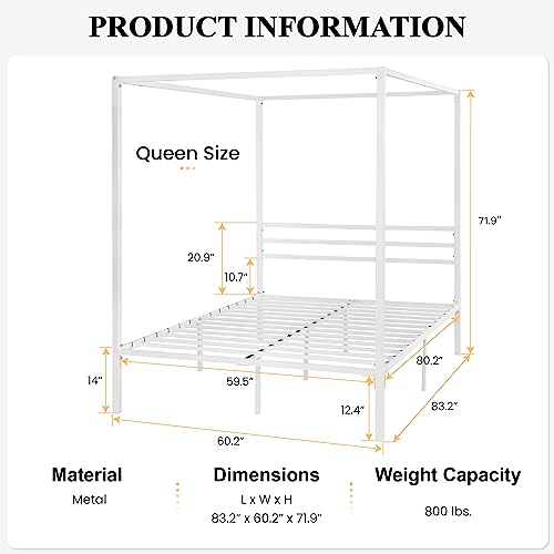 SHA CERLIN Queen Size Canopy Bed Frame with Heavy Duty Metal Slats, White | Modern Minimalist Design Four-Poster, Under-Bed Storage Space, Mattress Foundation, No Box Spring Needed, Easy Assembly - color: White, size: Queen