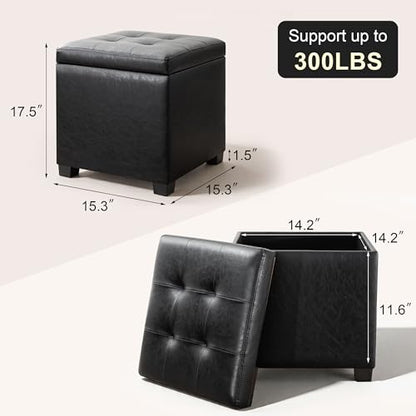 15 inch Square Storage Ottoman with Tray Lid,Modern Tufted Faux Leather Cube Coffee Table with Storage,Upholstered Ottoman with Removable Top for Living Room, Bedroom - color: Faux Leather -Black With Tray