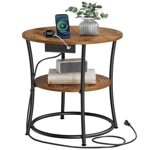 VASAGLE 21.7-Inch Round Side Table, 2-Tier End Table | Nightstand with Steel Frame, Spacious Top, for Small Spaces, Living Room, Bedroom, Rustic Brown and Ink Black ULET077K01 - color: Rustic Brown + Ink Black, style: With Power Strip