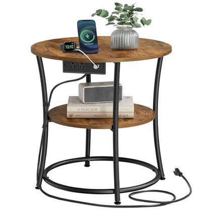VASAGLE 21.7-Inch Round Side Table, 2-Tier End Table | Nightstand with Steel Frame, Spacious Top, for Small Spaces, Living Room, Bedroom, Rustic Brown and Ink Black ULET077K01 - color: Rustic Brown + Ink Black, style: With Power Strip
