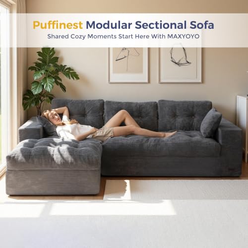 MAXYOYO Boneless Couch, 96-Inch L-Shaped Cloud Couch with Ottoman | Dark Grey Layered Cushion and Flexible Modules Create an Upholstered Sofa in a Box, No Assembly for Spacious Living Rooms. - color: Dark Grey, size: 96" L Shape