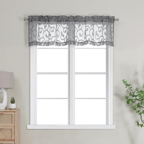 Furman Charcoal Gray Sheer Curtains Valances for Windows, Small Short Sheer Curtains for Living Room Bedroom, Airy Solid Curtains with Geometric Jacquard Clip Design, 2 Pcs Each 40Wx14L inch - color: Charcoal Gray, size: 40"W x 14"L (Pack of 2)