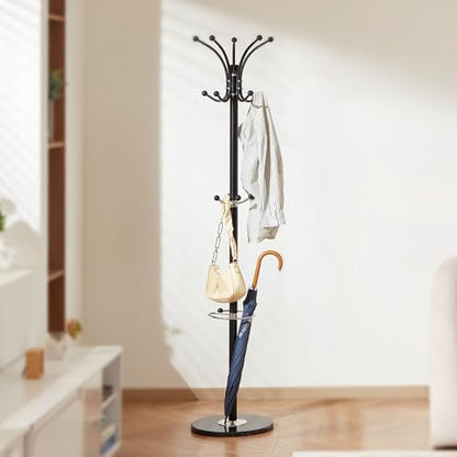 VEVOR Freestanding Coat Rack, Metal Coats Rack Stand with Umbrella Holder, Stable Marble Base & 14 Hooks, Hall Coat Tree for Entryway, Bedroom, Living Room, Stylish Coats Hanger for Hats, Scarves, Bag - style: with Umbrella Holder