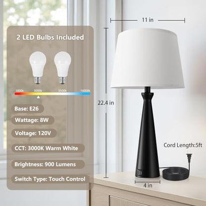 Modern Touch Lamps for Nightstand, 3 Way Dimmable Bedroom Lamp Set of 2 | USB C+A Charging Ports, Black Bedside Lamps for Bedroom, Living Room, End Table, Bed Side, LED Bulb Included - color: A. Black Base-White Shade