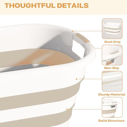 OOAMBB 43L(11.5Gallon) Collapsible Plastic Laundry Baskets (Beige, 2 Packs) | Pop Up Laundry hamper/Storage Container,Foldable Laundry Basket with Large Capacity,Sturdy,Space Saver - color: Beige