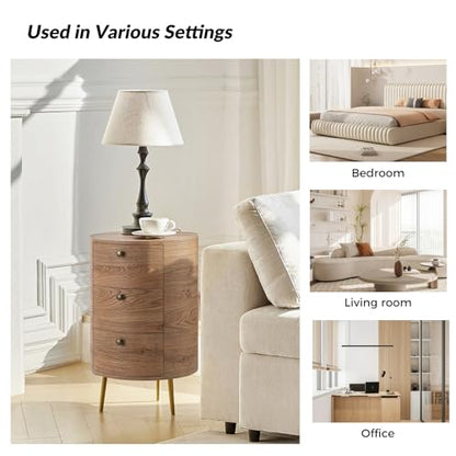 HULALA HOME Round End Table with 3 Storage Drawers, Mid Century Modern Sofa Side Table with Metal Legs, Farmhouse Wood Small Side Table for Living Room, Bedroom and Small Spaces, Oak - color: Oak
