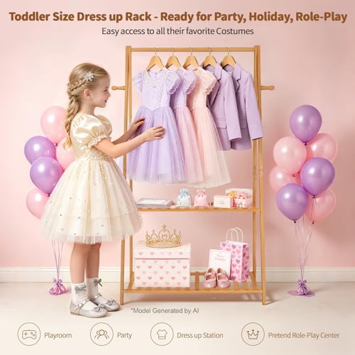 Kids Clothing Rack Small Baby Clothes Racks Bamboo Garment Rack 50"H | Wooden Short Mini Dress Up Costume Rack with Shelves for Hanging Clothes, Nursey Toddler Shower Children Clothes Hanger Rack - size: 2-Tier,50" Tall