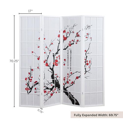 Roundhill Furniture White Japanese 4-Panel Screen Room Divider, Plum Blossom - color: White