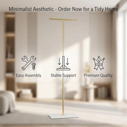 67 in Freestanding Garment Rack, T-Shaped Coat Rack for Bedroom, Entryway, Retail Store, Laundry Room or Closet – Adjustable Height Metal Clothes Stand, Gold - color: A7
