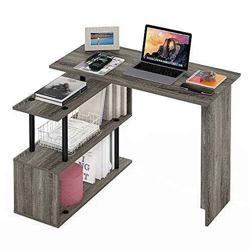 Furinno Moore L-Shape Computer Desk with 3-Tier Shelves, French Oak | L-Shape Gaming Desk, Reversible, Computer Desk, for Home Office, Bedroom - color: French Oak/Black, style: 3-Tier Shelves Desk