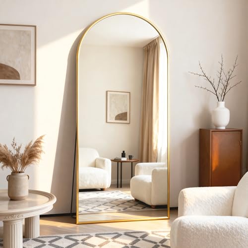 BEAUTYPEAK 64" x 21" Arch Full-Length Mirror with Stand, Gold | Full Body Arched Mirror with Standing, Leaning or Wall-Mounted for Wall, Ideal for Bedroom, Dressing Room, Entryway - color: Gold, size: 64"L x 21"W