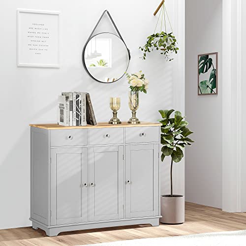 HOMCOM Sideboard Buffet Cabinet Solid Wood Countertop Gray | Modern Kitchen Storage, Coffee Bar Cabinet, 3 Drawers, Doors, Adjustable Shelf - color: Grey, size: 39.75" x 15.75" x 33.5"