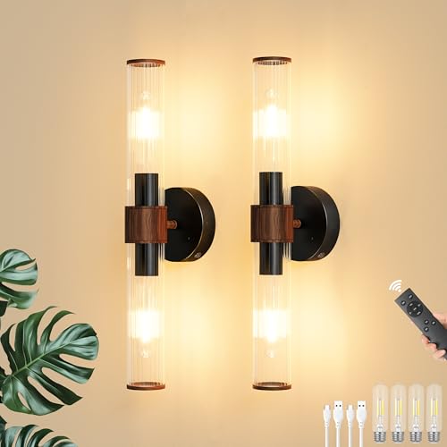 Morauroral Black Walnut Battery Operated Wall Sconces Set of 2, Rechargeable Wall Lights with Remote, 20 Inch Modern Wireless Wall Lamp for Bedroom, Living Room with White Shade (Bulbs Included) - color: Black Walnut
