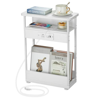 YEAKOO Narrow Side Table with Charging Station, 3-Tier End Table with 2 USB Ports & Power Outlets,Thin Sofa Side Table for Narrow and Small Spaces, Bedside Table Nightstand for Living Room,White - color: White