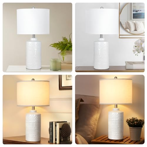 JUNNAI 24.5" White Ceramic Table Lamp 3-Way Dimmable Nightstand with White Linen Shade Bedside Lamp for Bedrooms & Living Room Office Reading(Bulb Included) - color: White