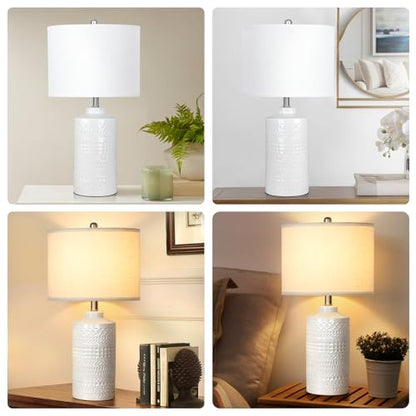 JUNNAI 24.5" White Ceramic Table Lamp 3-Way Dimmable Nightstand with White Linen Shade Bedside Lamp for Bedrooms & Living Room Office Reading(Bulb Included) - color: White