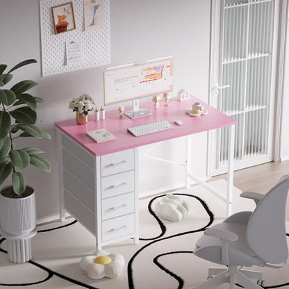 Pamray 32 Inch Computer Desk with 4 Drawers Small Office Desk for Home Bedroom Study Writing Simple Modern Computer Table Pink - color: Pink