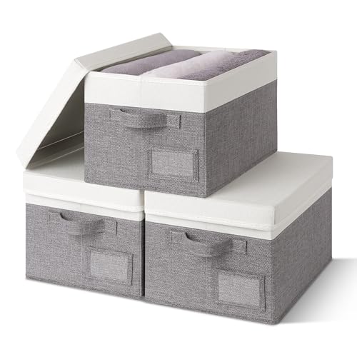 GRANNY SAYS Storage Bins with Lids, Decorative Storage Boxes with Lids | Storage Box with Dust Cover, Handles & Lable, Collapsible, Ideal for Closet Clothes Blanket Toys, Medium, White&Gray, 3-Pack - color: White&Gray, size: Medium