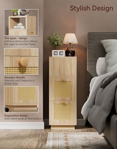YMYNY Rattan Nightstands Set of 2, Boho Bedside Table with Open Shelf, 2 Drawers, 9.45" x 11.42" x 25.59", Narrow Side Table, Bedside Cabinet for Bedroom and Small Spaces, Natural UHST017N-2 - color: Natural