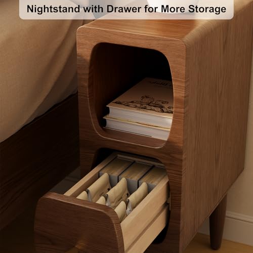Slim Nightstand with Drawer, Modern Walnut Bedside Table for Small Spaces | Slim Nightstand with Drawer and Open Storage, Modern Walnut Wood Design for Bedrooms Apartments and Small Spaces