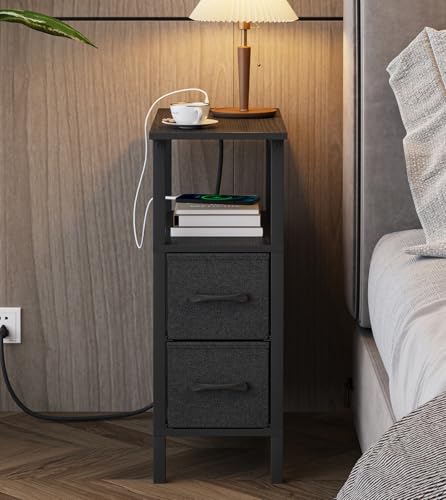 2 Set Narrow Side Table for Small Spaces, Skinny End Table with Charging Station, Sofa Beside Table with 2 Fabric Drawers and 1 Open Compartment, Slim Nightstand with USB Ports Outlet, Black UTBT004B2 - color: Black