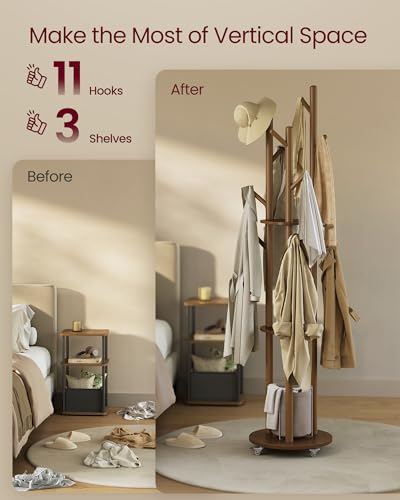 VASAGLE Freestanding Coat Rack Stand, Coat Tree with 11 Hooks, 3 Shelves, 4 Removable 360° Swivel Wheels, Wooden Hooks and Poles, for Entryway, Bedroom, Living Room, Walnut Brown URCR023K01 - color: Walnut Brown