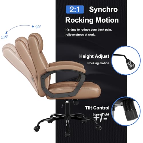 Misolant Office Chair, Executive Desk Chair, PU Leather Comfortable Ergonomic Chairs with Fixed Armrest, Adjustable Height, Rocking Function, 360° Swivel Wheels, Brown - color: Brown