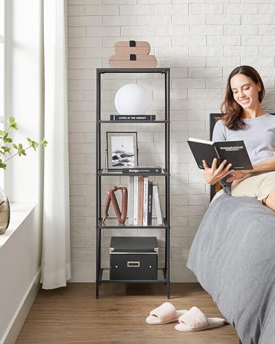 VASAGLE Bookcase, 5-Tier Bookshelf, Slim Shelving Unit for Bedroom, Bathroom, Home Office, Tempered Glass, Steel Frame, Ink Black ULGT029B61 - color: Ink Black, size: 5 Tiers (15.7"W x 49"H)