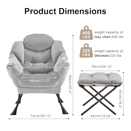 Lazy Chair with Ottoman, Modern Accent Lounge Chair with Side Pocket and Armrests, Cozy Reading Armchair with Footrest, Upholstered Sofa Chair for Small Spaces, Bedroom Living Room, Grey - color: Grey