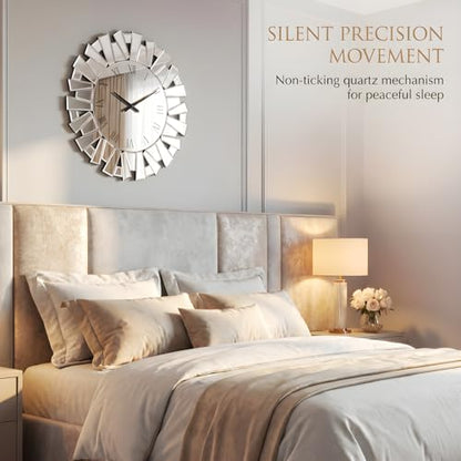 SHYFOY Silver Wall Clock, 24" Large Modern Mirror Clock | Roman Numerals, Luxury Art Wall Decor,Ideal Decoration for Living Room, Bedroom and Dining Room - size: Irregular