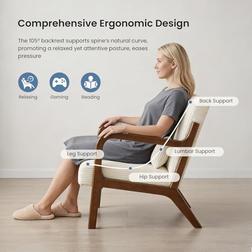 DUMOS Mid Century Modern Accent Chair, 17'' Seat Height with Side Pocket | Upholstered Small Side Chair with Lumbar Pillow and Wood Frame for Living Room, Bedroom, Reading Nook, Easy Assembly, Beige - color: Beige, size: 1 PC