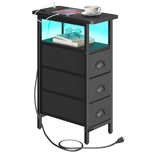 sthmec End Table with Charging Station,LED Side Tables with USB Ports and Outlets,Skinny Bedside Tables with 3 Drawers,Small Tabls Nightstands for Small Space,Slim Sofa Table for Livingroom,Black - color: Black, size: 7.88'' W*15.75'' D*24.3'' H, style: P