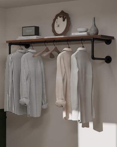 Clothes Rack 42in, Wall Mounted Garment Racks with Real Walnut Wood Shelf, Heavy Duty Hanging Clothes Rack, Multi-Purpose Hanging Rod, Space-Saving Closet Storage - color: Walnut, size: 1T42IN