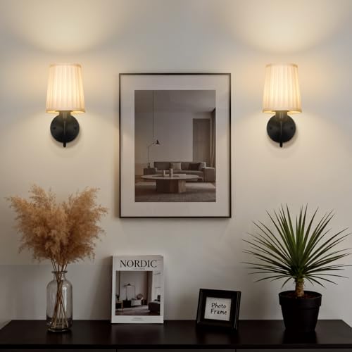 Battery Operated Wall Sconce Set of 2, Rechargeable Wall Sconces with 10000mAh Dimming Magnetic Bulb, Wireless Battery Powered Wall Lights with Pleated for Bedroom Living Room Gallery Hallway,Black - color: Black-White