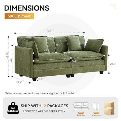 76" Cloud Loveseat Sofa, Modular Sectional Couch with Deep Seats and Double-Layer Thick Cushions, Chenille Upholstered 2-Seat Sofa for Living Room Apartment,Green - color: Green, size: 76'' Loveseat