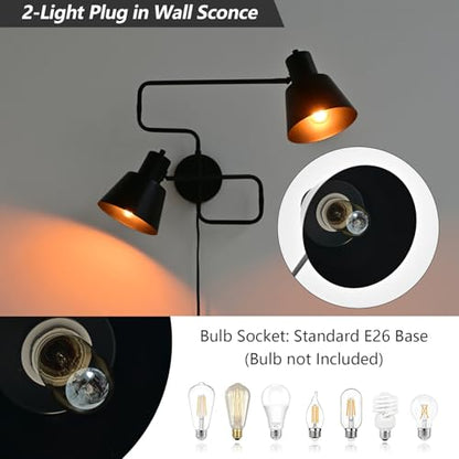 Black Swimg Arm Wall Sconce 2-Light Long Swivel Arms Wall Lamp | Large Plug in Wall Mount Lighting Fixture Adjustable Industrial Wall Light for Living Room Bedroom - color: Black-C 2-Lights