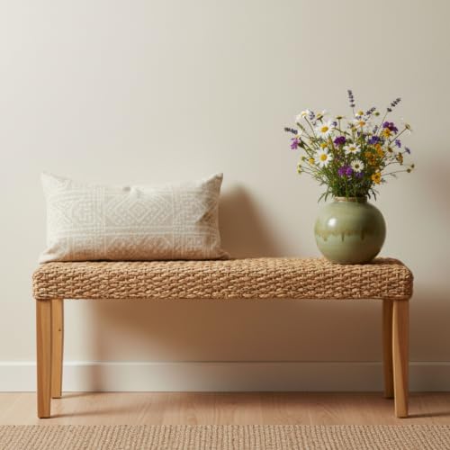 Indoor Wicker Bench 47" Solid Wood Acacia & Natural Woven Seat, Natural Leg | Living Room, Dining Bench or End of Bed Bench, Boho Rustic Farmhouse Style - color: Plait - Natural Leg & Water Hyacinth