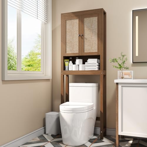 knoworld Rattan Over The Toilet Storage Cabinet, Above Toilet Bathroom Organizer with Adjustable Shelf, Behind Toilet Cabinet, Space Saver for Restroom, Bathroom, Laundry, Caramel Oak - color: Caramel Oak, style: Wood Stand