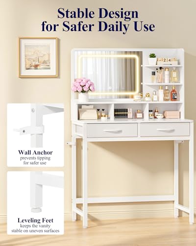 Kitsure 31.5" W Small Vanity Desk with Mirror and Lights, 2 Fabric Drawers | Bedroom, Gifting, Makeup Vanity, 6 Open Shelves, 3 Lighting Modes, Stable Frame, White