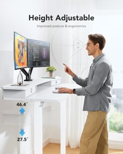 HUANUO 55″ x 26″ Electric Standing Desk with 2 Drawers, C-Clamp Mount Compatible, Height Adjustable Computer Desk, Home Office Stand Up Desk with 4 Preset Heights & 2 Hooks, White - color: White, size: 55" X 26"