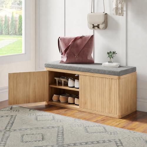 Shoe Cabinet Bench with Cushion,Double Layered Wooden Shoe Bench with Soft Cushion,Shoe Rack for Entryway,Bedroom,Living Room - color: 2 Door Oak Sturdy Shoe Bench