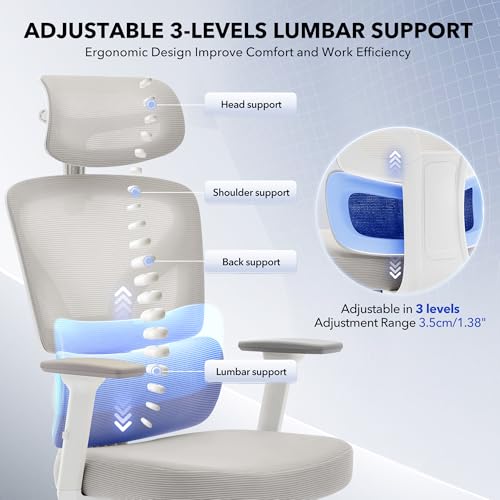 Ergonomic Office Chair Mesh – Adjustable Lumbar 3D Armrests High-Back Desk | Breathable Mesh Backrest; Seat Height & Tilt-Angle Adjustment; Smooth-Rolling Casters; Easy To Assembly, For Home, Office - color: Grey-p1
