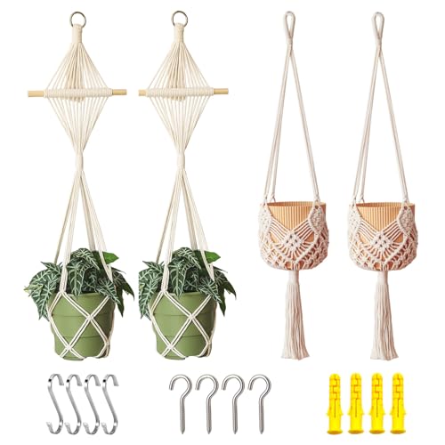 4 Pack Macrame Plant Hangers Indoor Up to 10 inch Pot, Boho Hanging Planters, Plant Holder with 8Pcs Stainless Steel Hooks - color: 4pcs White Hanger