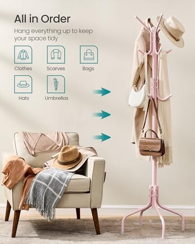 SONGMICS Coat Rack Freestanding, Steel Stand with 12 Hooks and 4 Legs | Coat Tree, Holds Clothes, Hats, and Bags, for Entryway, Living Room, Bedroom, Jelly Pink, ALAN Collection URCR031R01 - color: Jelly Pink, style: 12 hooks