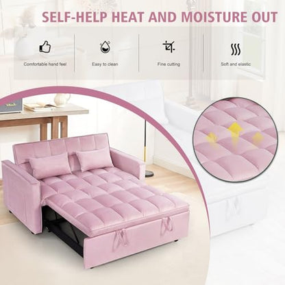 3 In 1 Velvet Convertible Sofa Bed, Pull Out Couch Bed with Reclining Backrest And 2 Pillows, 54" Full Size Loveseat Sleeper Sofa Futon Couch Beds, Couches For Small Spaces, Living Room (Pink) - color: Pink
