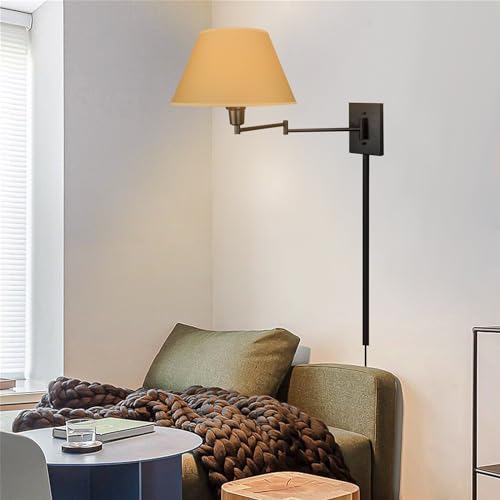 Kira Home Cambridge 15" Modern Swing Arm Wall Sconce with 3-Way Switch | Opaque Empire Paper Shade 2-in-1 Plug In or Hardwired Bedroom Wall Lamp, Black Finish - color: Black,Beige Paper Shade