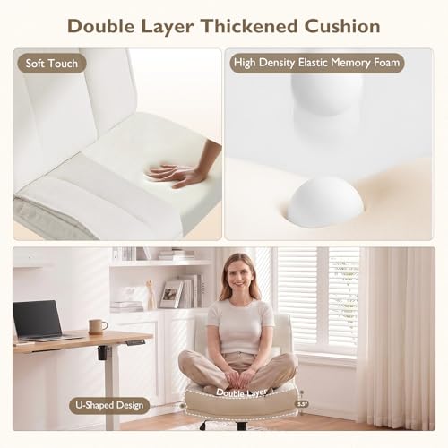 Armless Criss Cross Office Chair with Wheels,Chenille White | 5.5" Double Layers Thickened Seat Cushion and Backrest,Lumbar Pillow,Swivel Chair,Wide Comfortable Cross Legged,320LBS - color: White