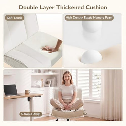 Armless Criss Cross Office Chair with Wheels,Chenille White | 5.5" Double Layers Thickened Seat Cushion and Backrest,Lumbar Pillow,Swivel Chair,Wide Comfortable Cross Legged,320LBS - color: White